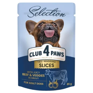 CLUB 4 PAWS SLICES WITH JUICY BEEF & VEGGIES IN GRAVY 85G 3482