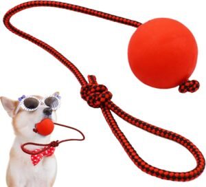 RED BALL WITH ROPE FOR DOG
